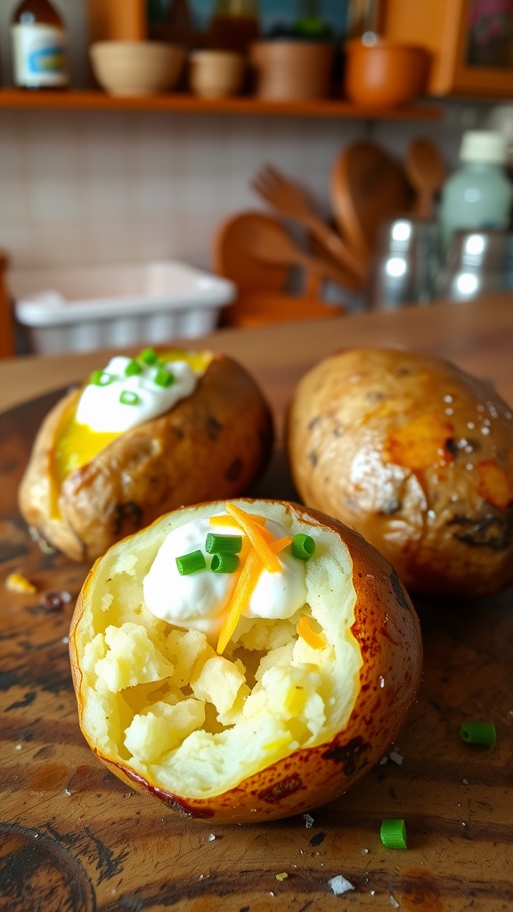 Two air fryer baked potatoes, one cut open and topped with sour cream, chives, and cheese, on a rustic wooden table.